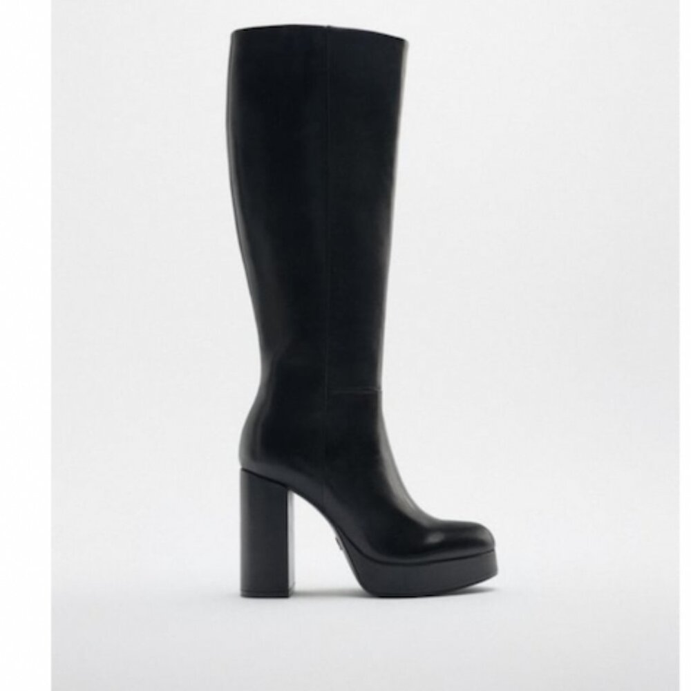 Black Knee High Leather Boots Womens 8 Zara